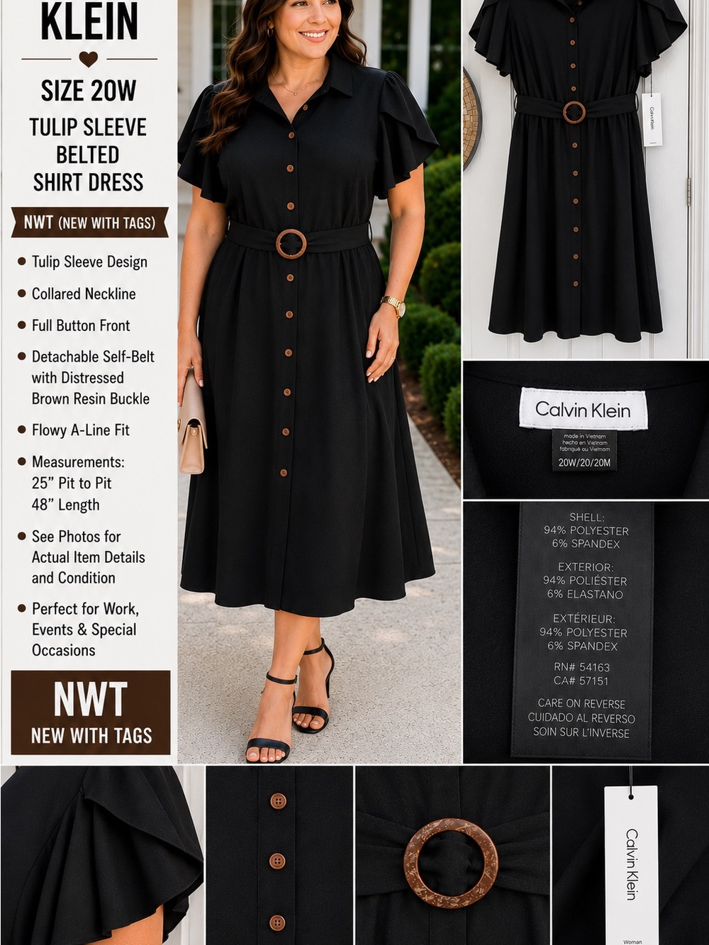 NWT Calvin Klein Black Button-Front Belted Dress 20